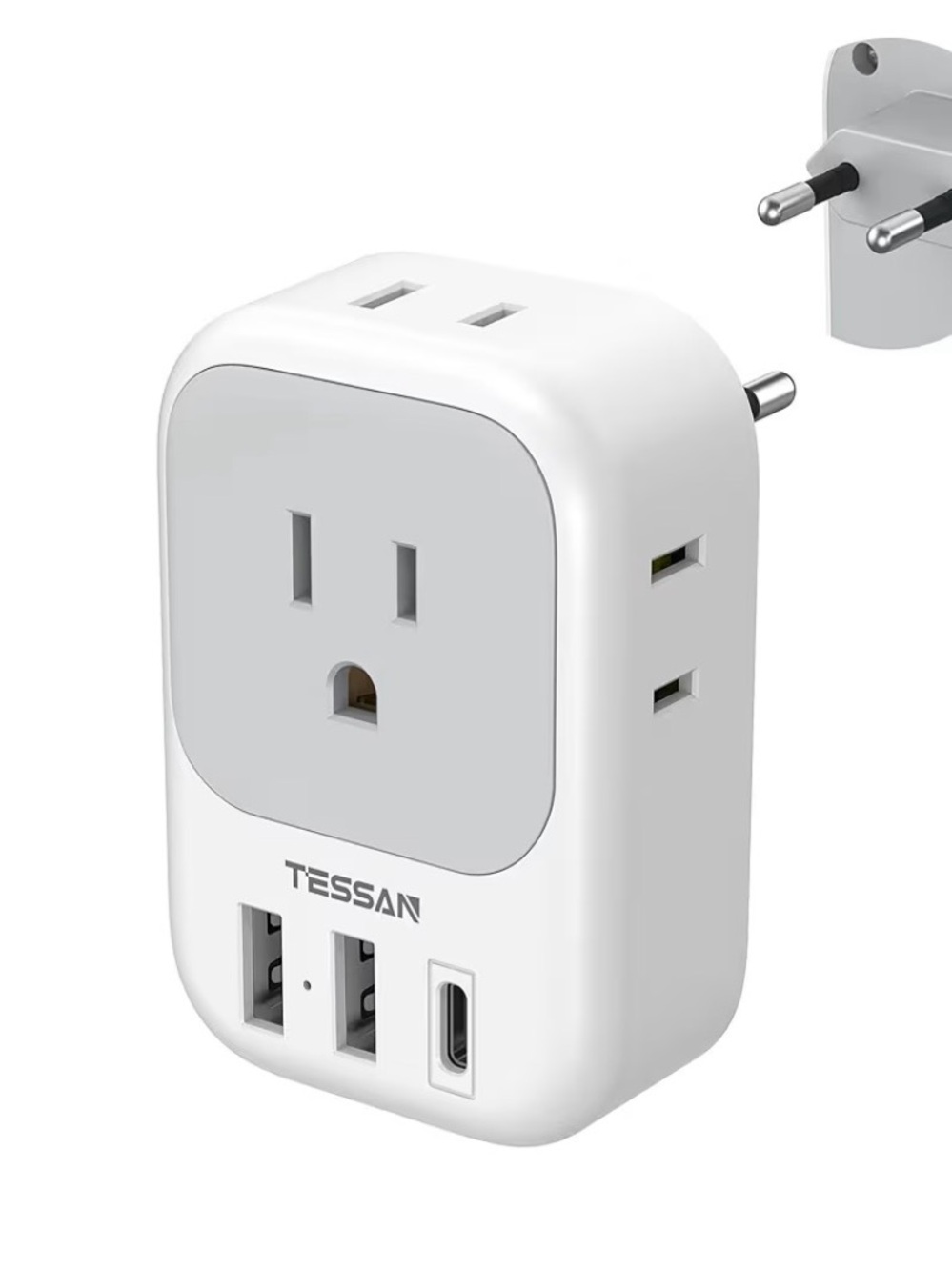 TESSAN European Travel Plug Adapter. 4 AC Outlets/ USB Ports — White/Grey